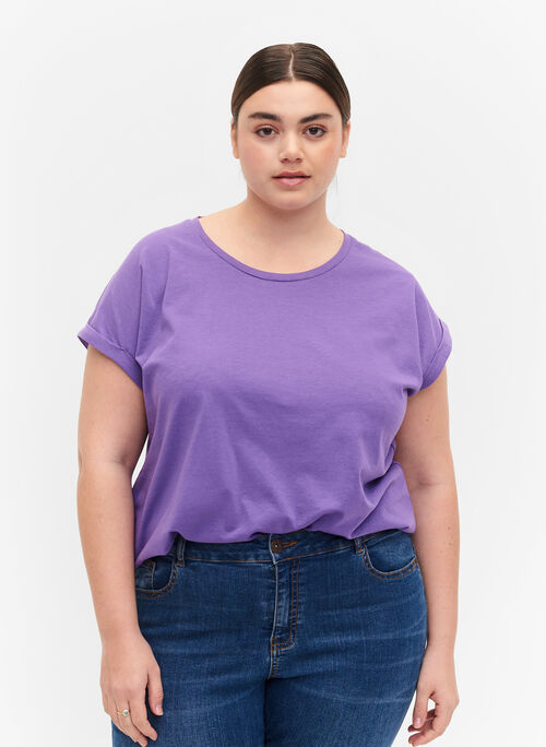 T-shirt met korte mouwen van katoenmix, Deep Lavender, Model