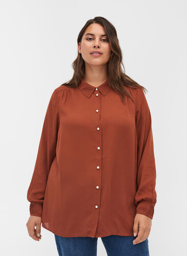 Plissé blouse met parelknopen, Sequoia, Model image number 0