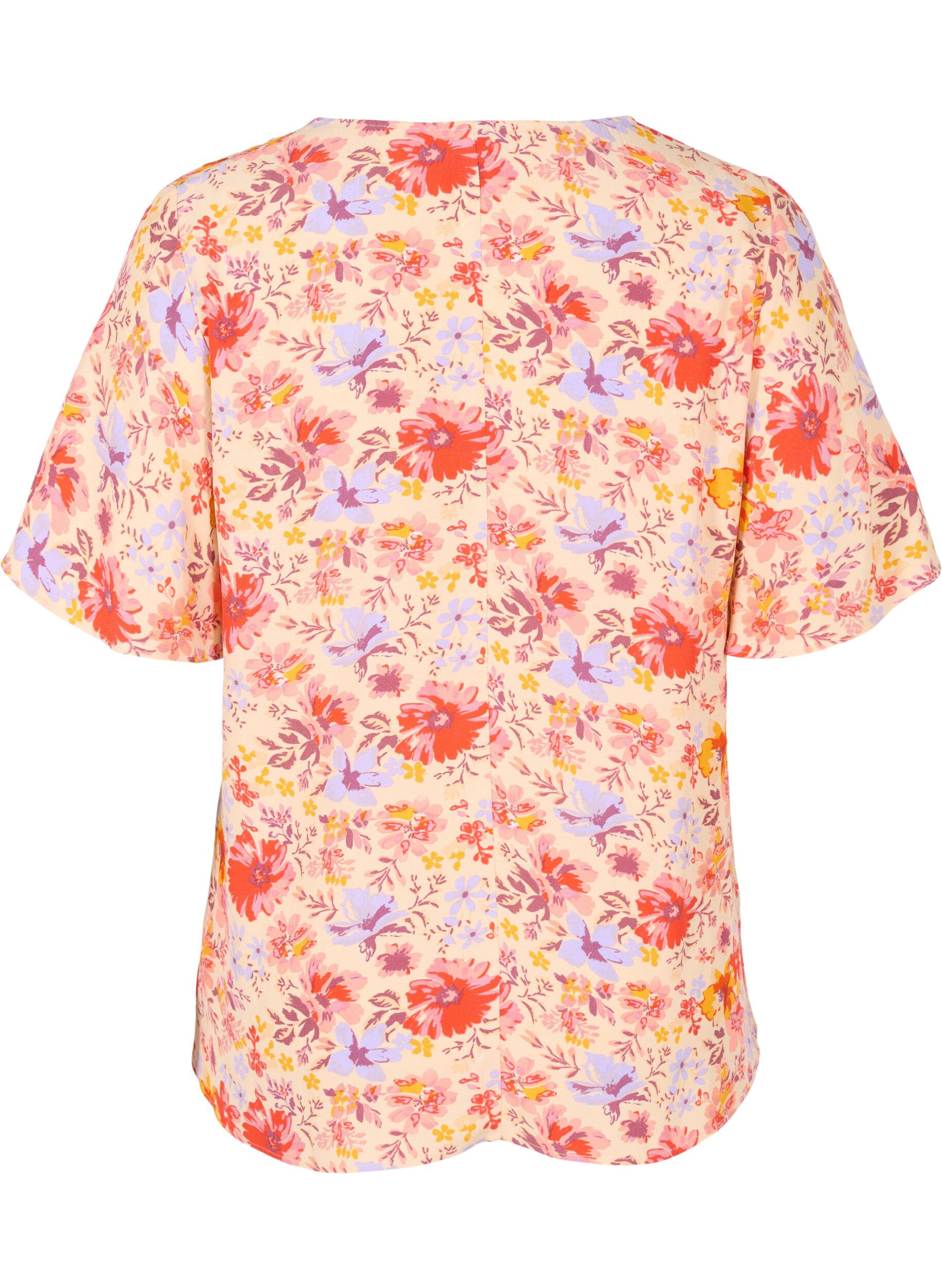 ZizziViscose top met korte mouwen en bloemenprint, Red Orange AOP, Packshot image number 1