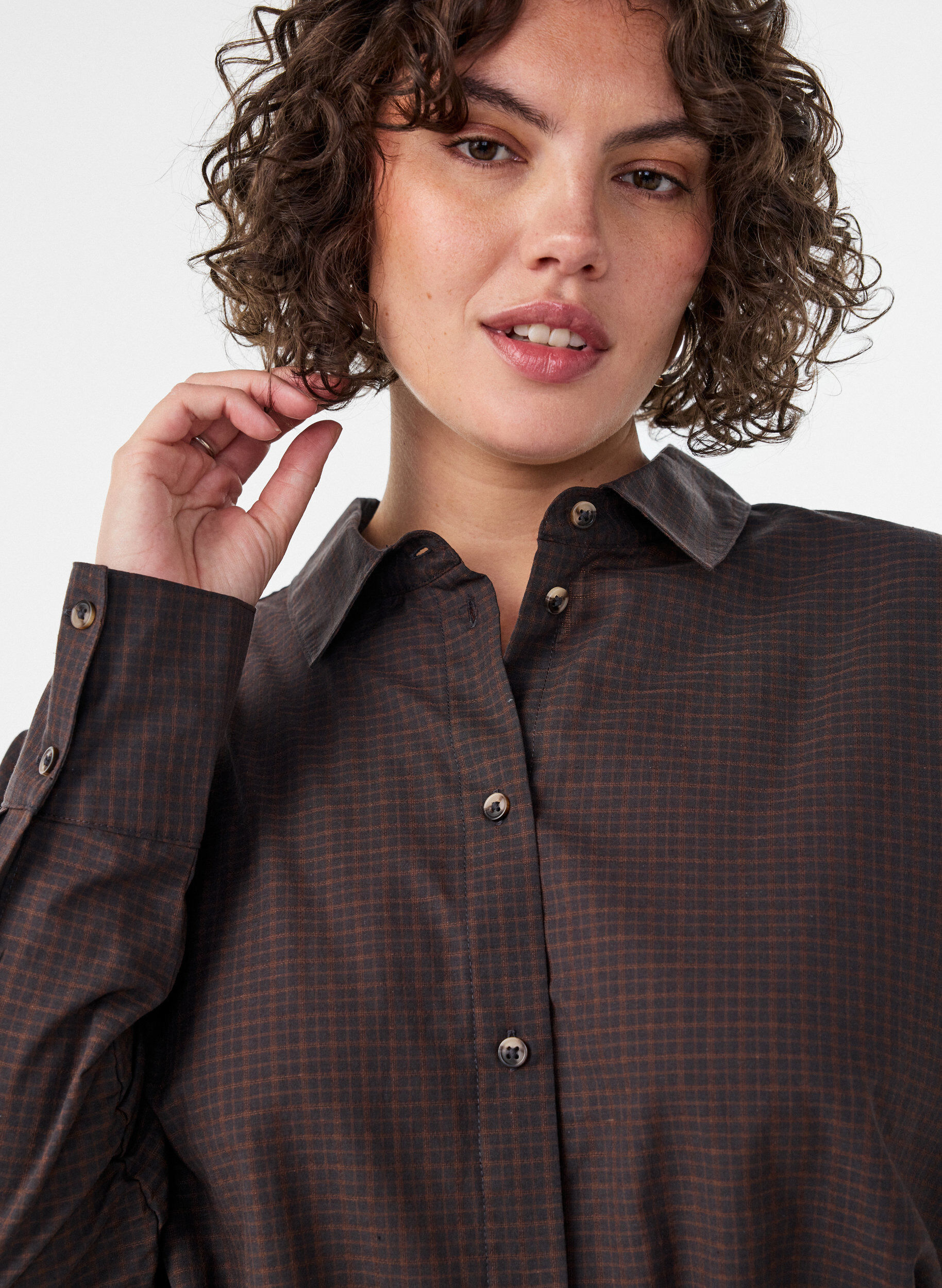 ZizziKatoenen overhemd met ruitpatroon, Bruin, Model image number 3
