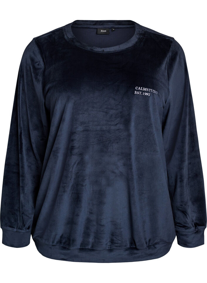 Velours blouse met geborduurde tekst, Blauw, Packshot image number 0