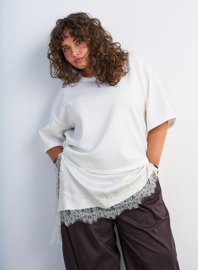 Jersey blouse met gelaagde look en kant, Vanille, Model image number 2