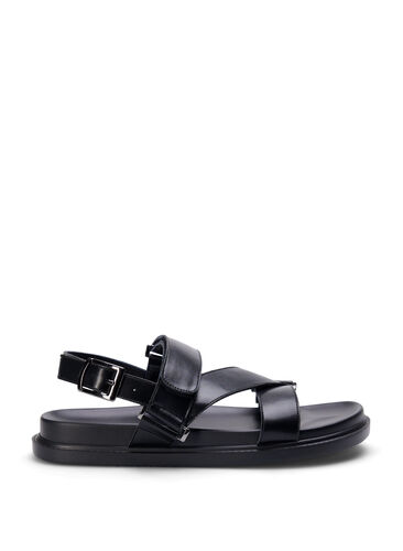 Leren sandaal met brede pasvorm en verstelbare bandjes, Black, Packshot image number 0