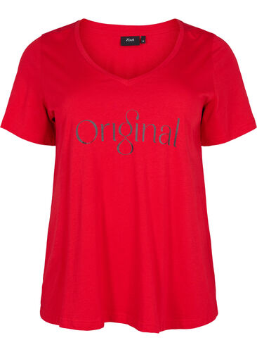 Katoenen t-shirt met tekstopdruk en v-hals, Tango Red ORI, Packshot image number 0