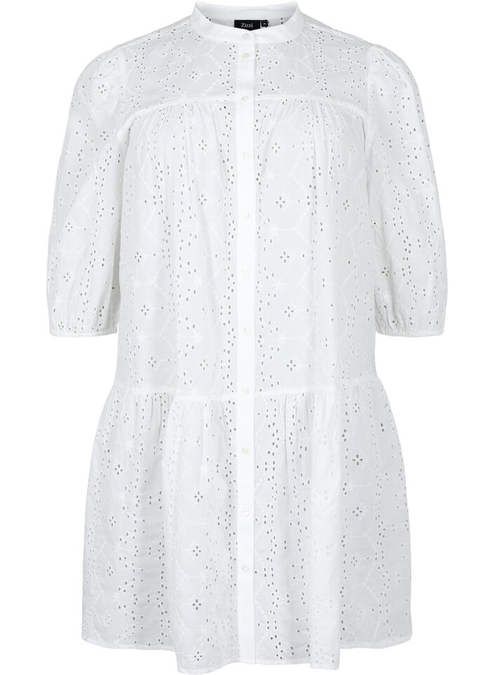 Overhemdjurk van katoen met broderie anglaise, Bright White, Packshot image number 0