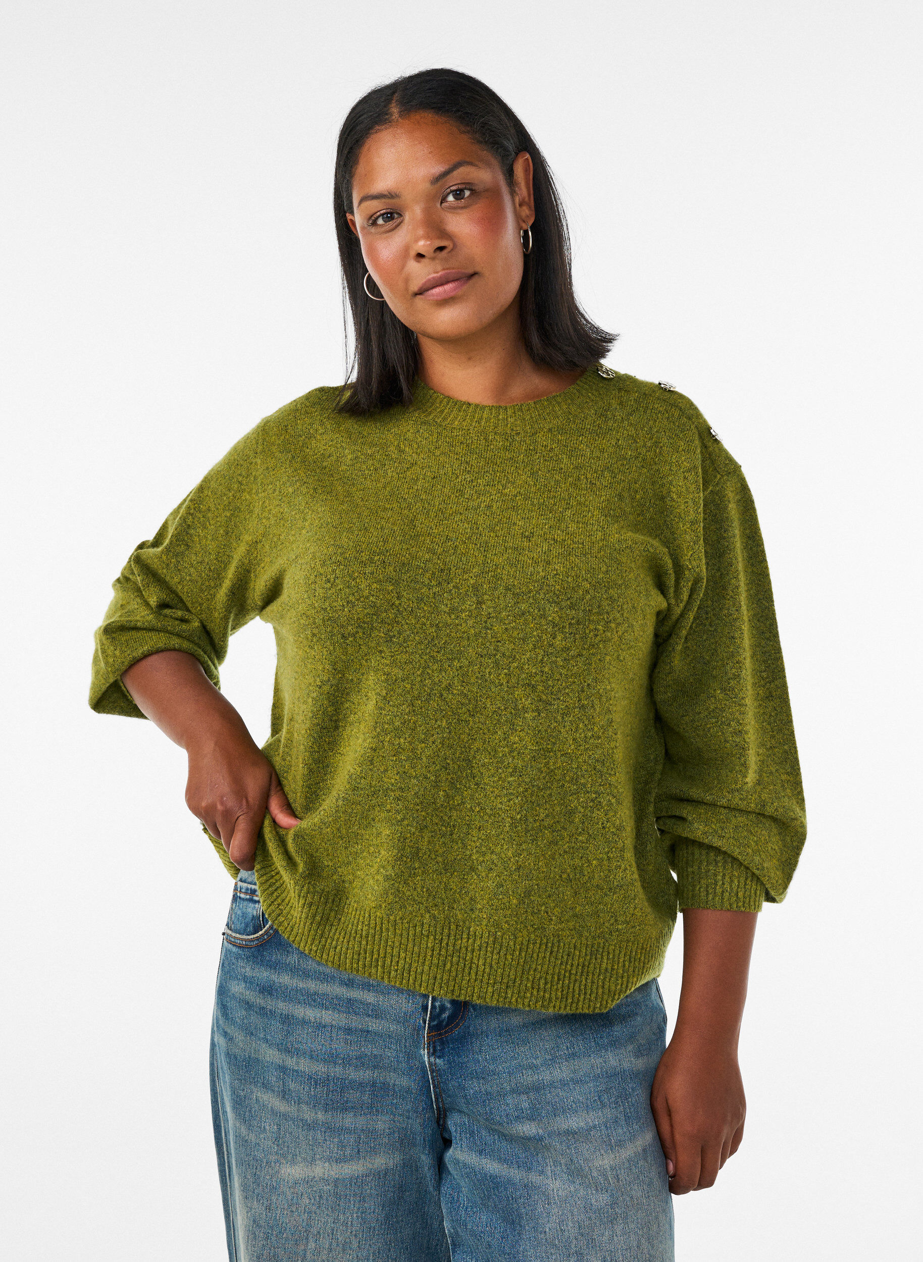Chemisier en maille avec boutons d&eacute;coratifs, Vert clair, Model