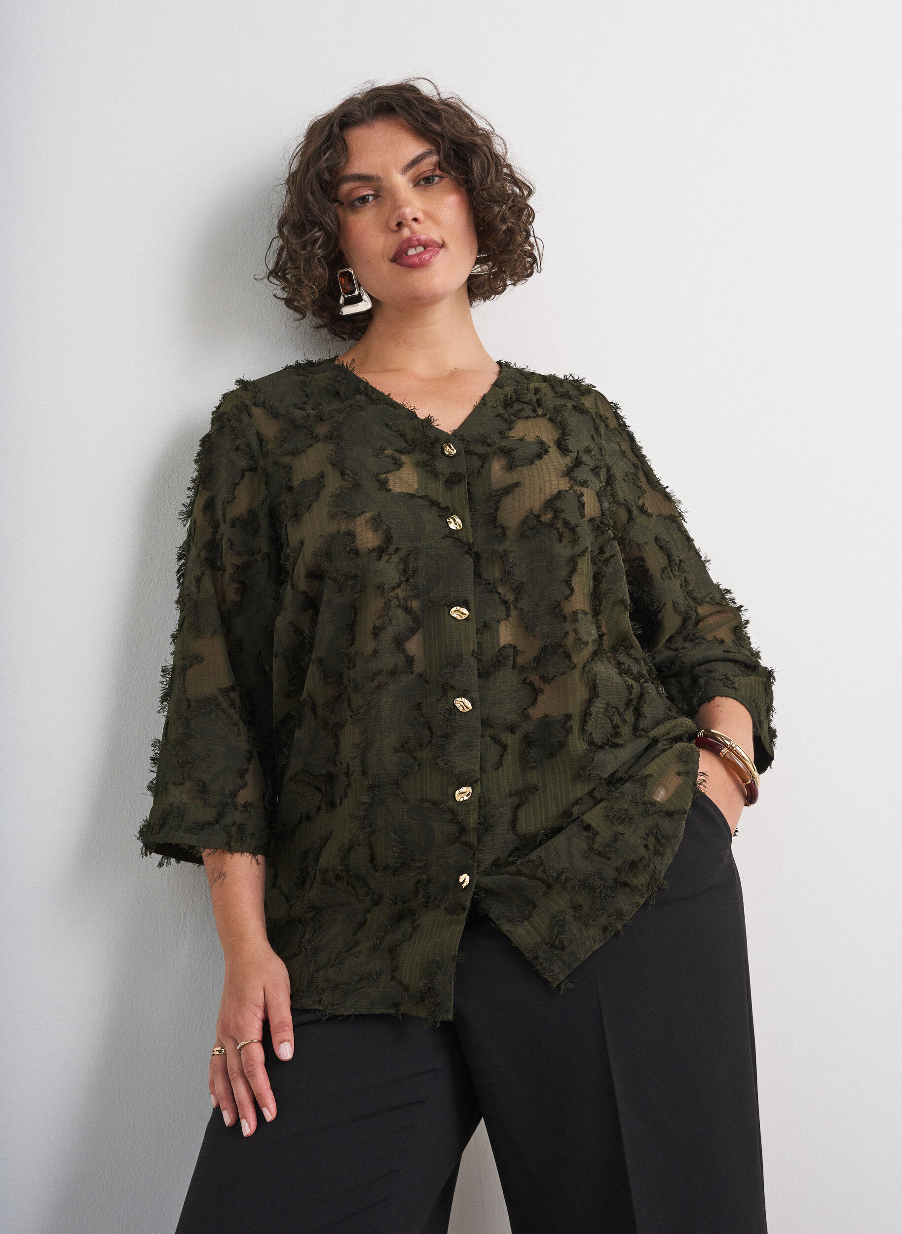 Blouse met rafelige draden en textuur, Groen, Model
