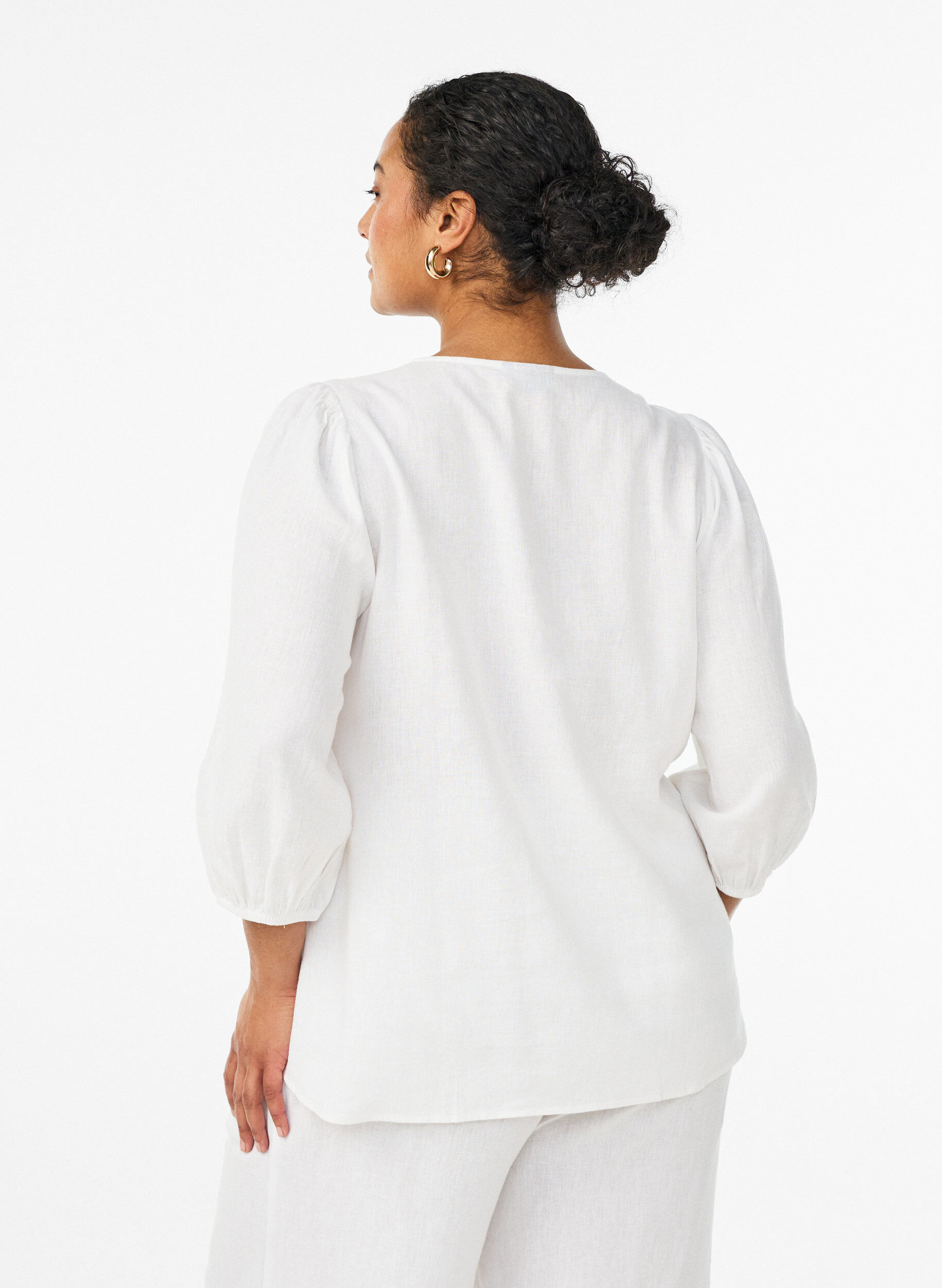 ZizziShirtblouse in linnen en viscose met 3/4-mouwen, Wit, Model image number 2