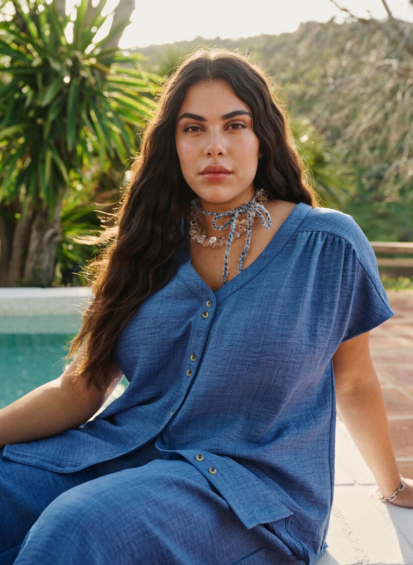 Chemisier &agrave; col en V et manches courtes, Bleu, Image image number 0