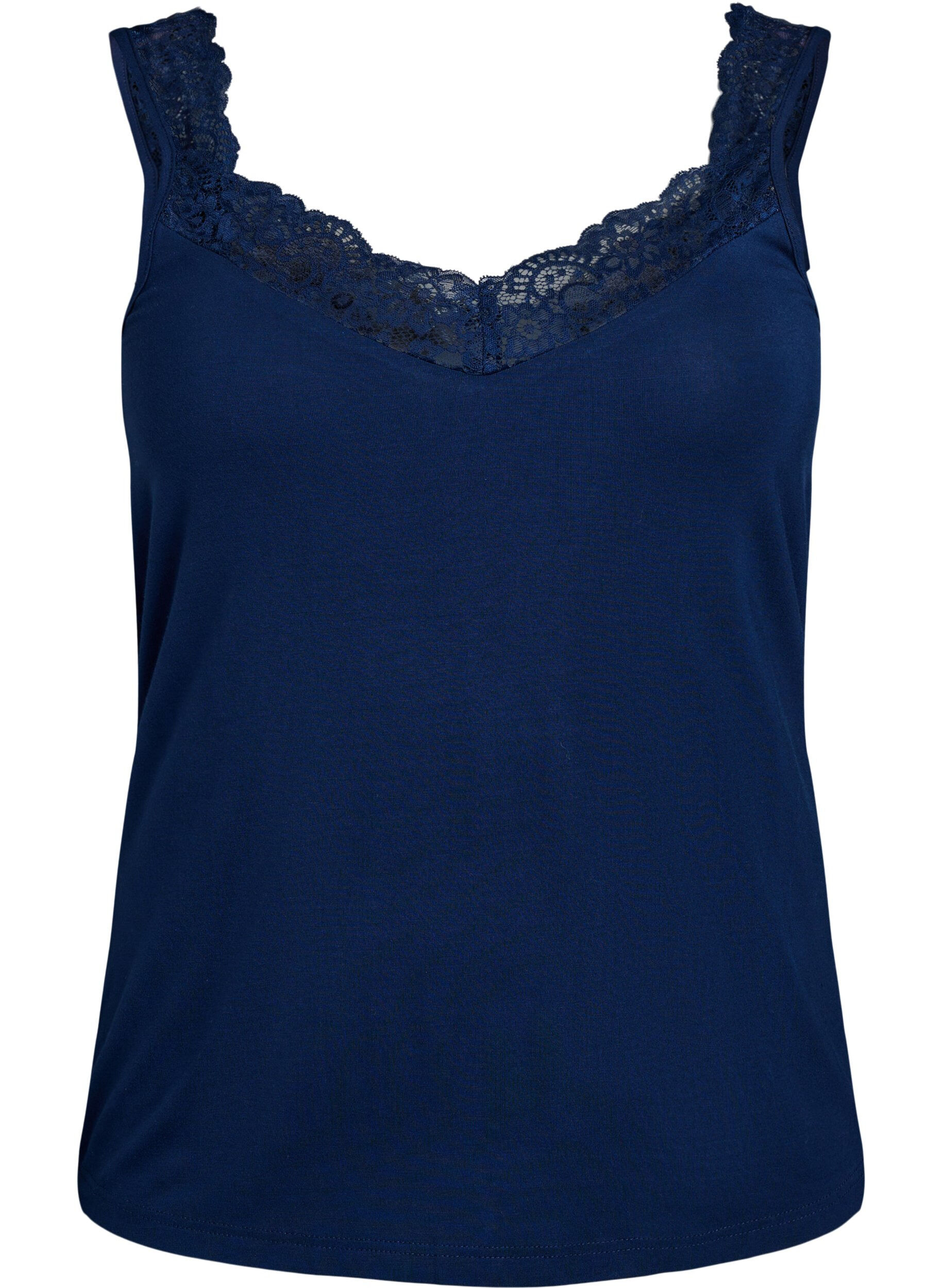 ZizziViscose top met kanten rand, Blauw, Packshot image number 0