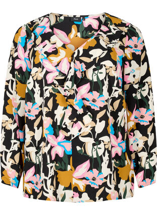 Bedrukte blouse met ruches, Black Multi Flower, Packshot image number 0