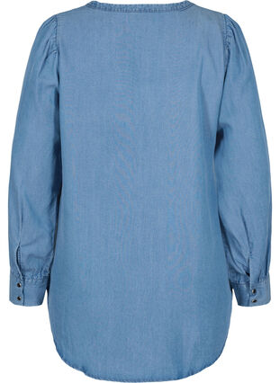 Chemise à manches longues avec encolure en V et détails de volants, Blue denim, Packshot image number 1
