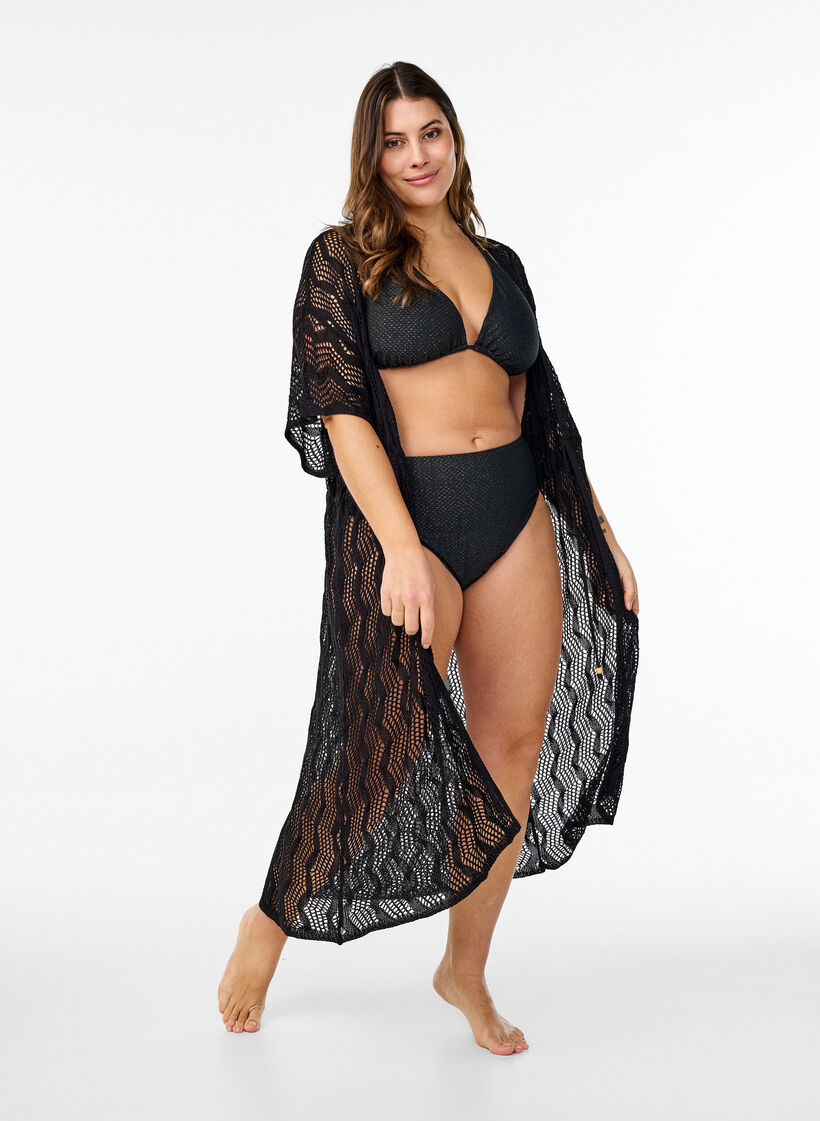 Kimono de plage avec ceinture à nœud, Noir, Model image number 0