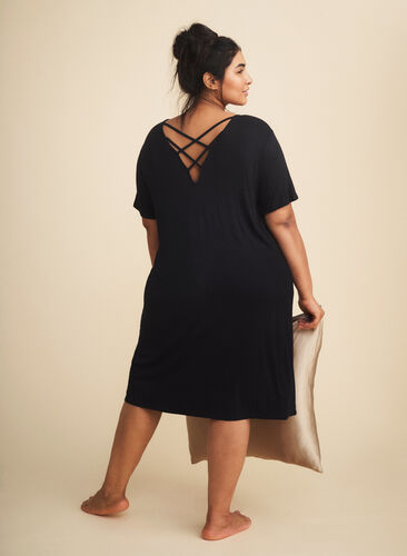 Viscose jurk met rugdetail en korte mouwen, Black, Image image number 0