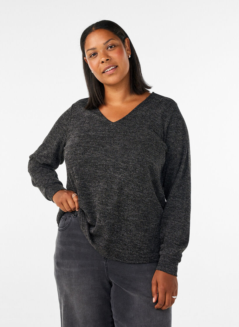 Jersey blouse met V-hals en lange mouwen, Zwart, Model image number 0