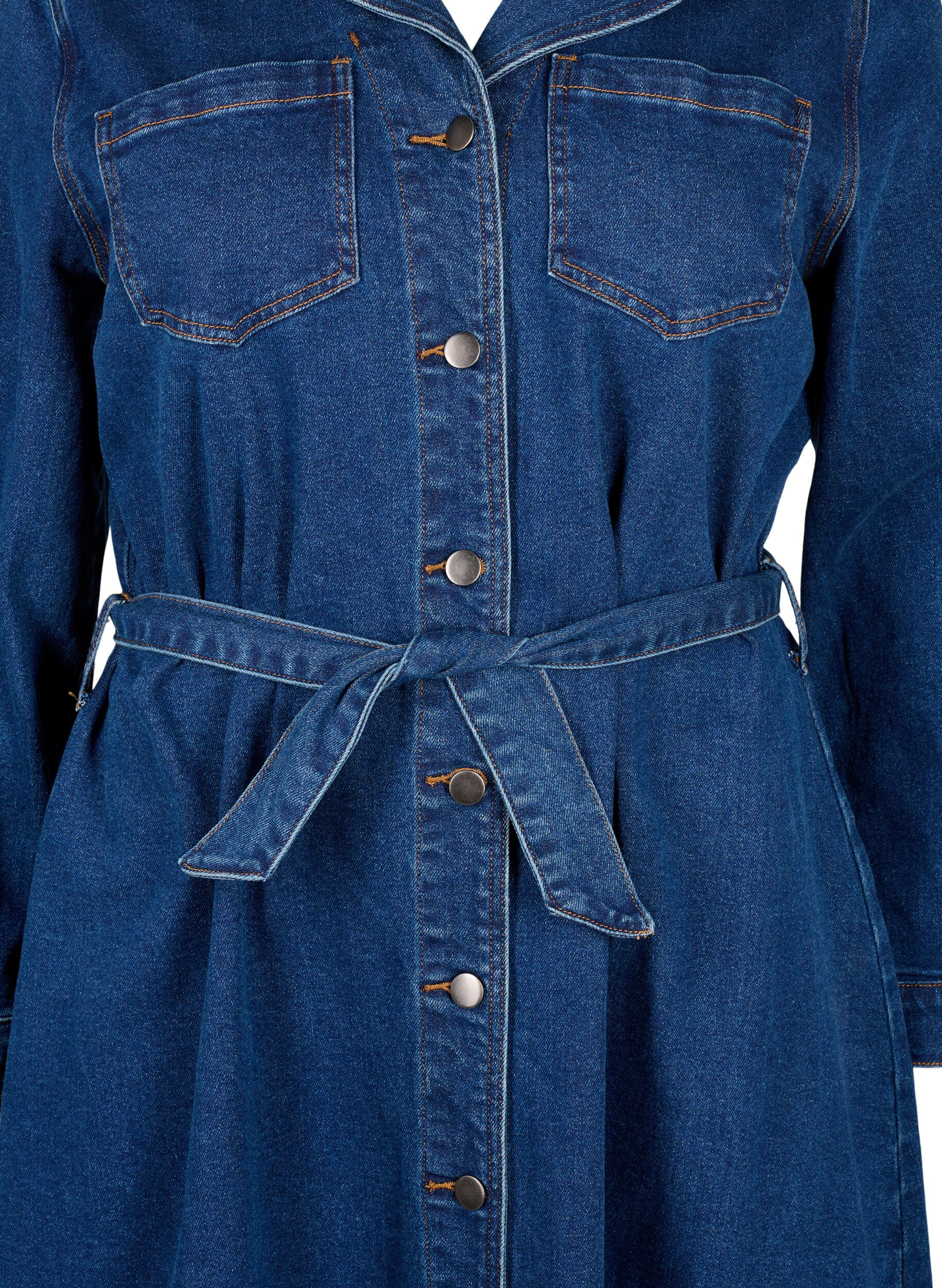 ZizziMidi overhemdjurk in denim met riem, Dark Blue Denim, Packshot image number 2
