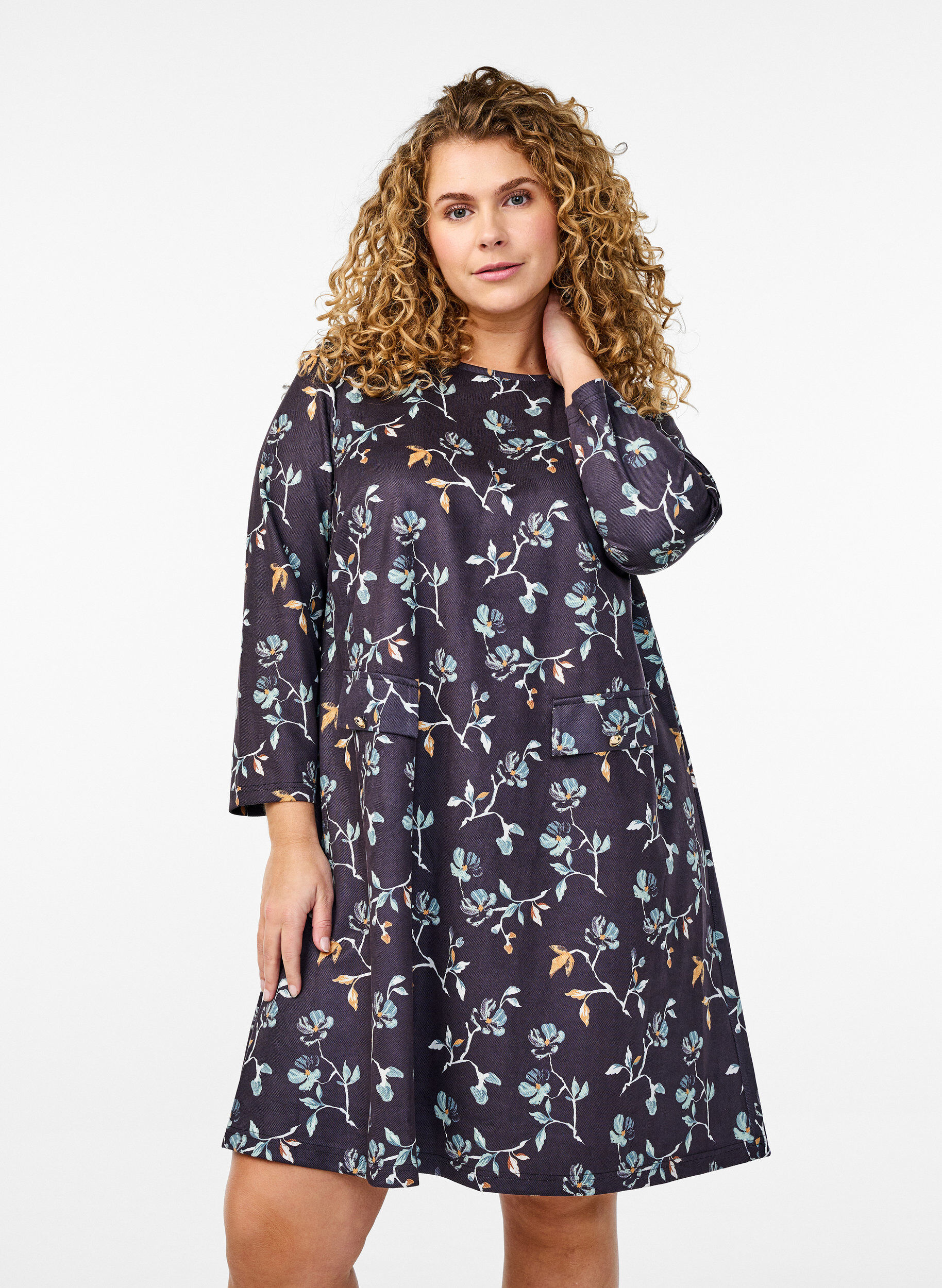 ZizziKorte A-lijn jurk met 7/8 mouwen, Zwart, Model image number 0