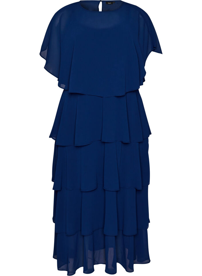 Robe maxi avec plusieurs couches de volants et cape amovible, Bleu, Packshot image number 0