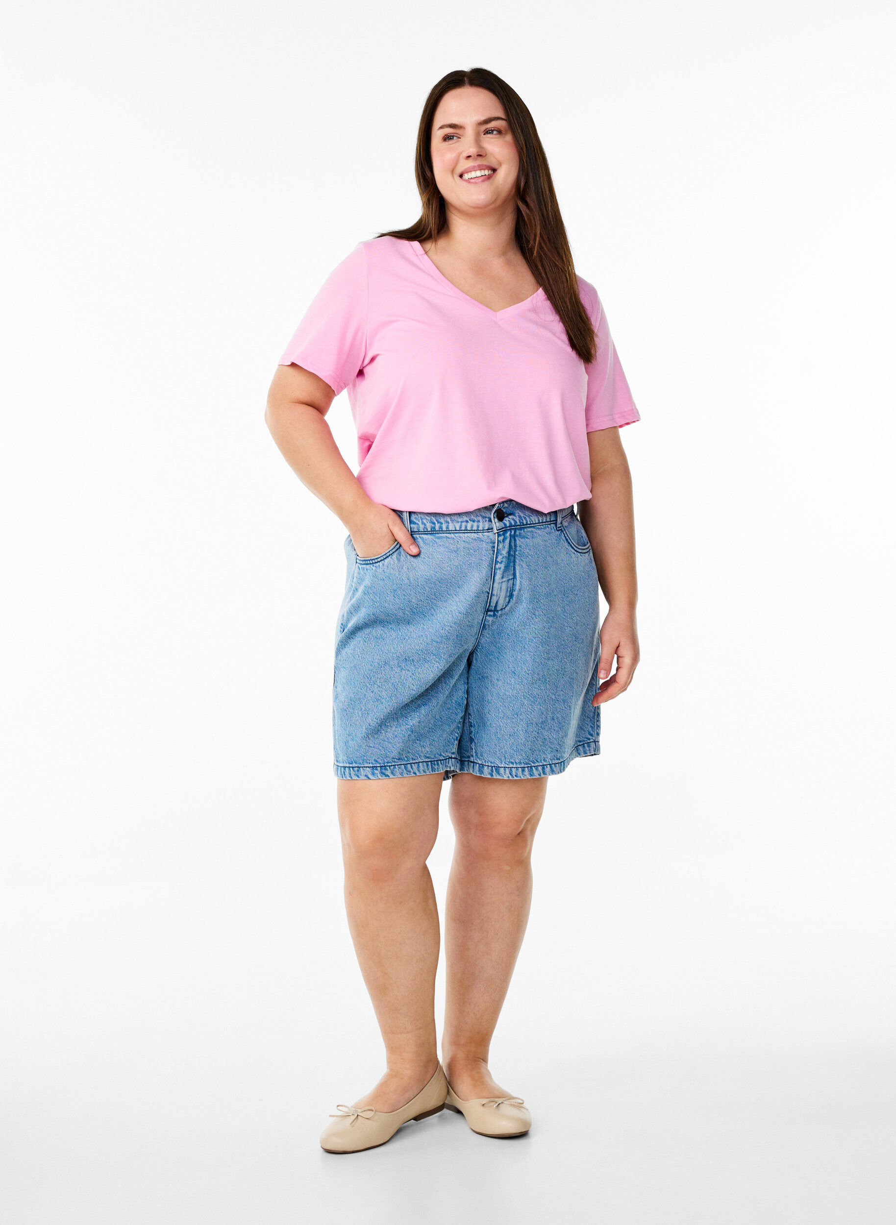 ZizziT-shirt met korte mouwen en v-hals, Roze, Model image number 1