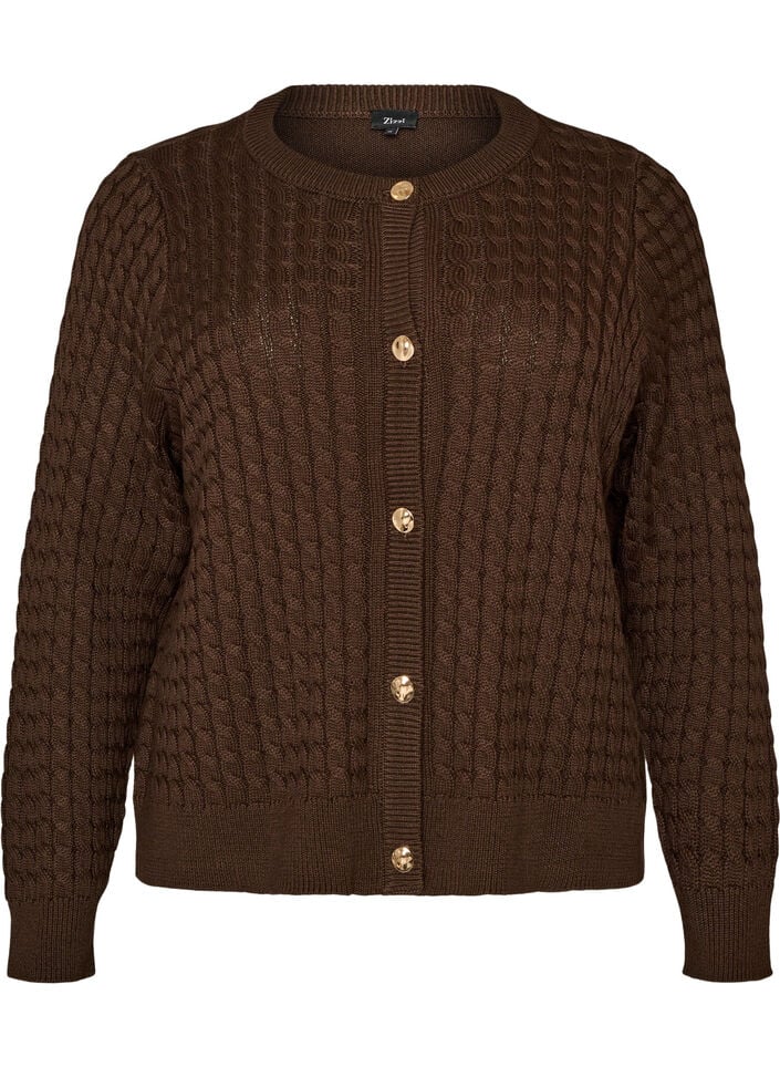 Kabelgebreid vest met gouden knopen, Bruin, Packshot image number 0