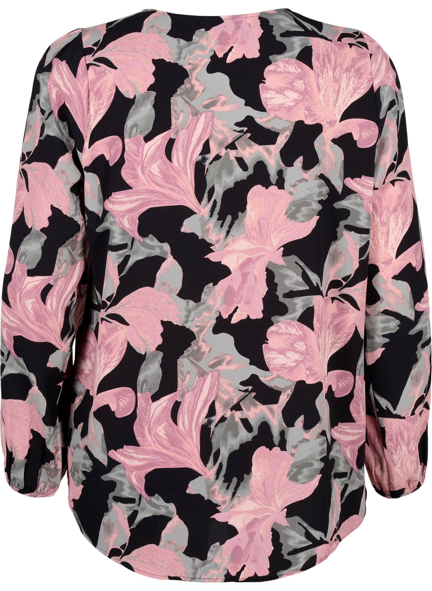 ZizziBlouse avec col en V et imprim&eacute;, Black Pale Mauve Fl., Packshot image number 1