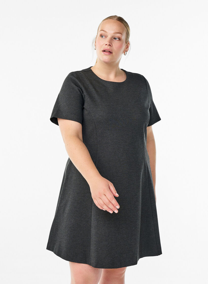 Jersey jurk met korte mouwen en A-lijn., Grijs, Model image number 0