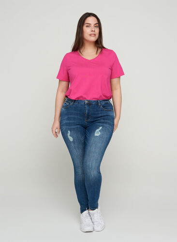 Amy jeans met slijtage details, Blue denim, Model image number 0