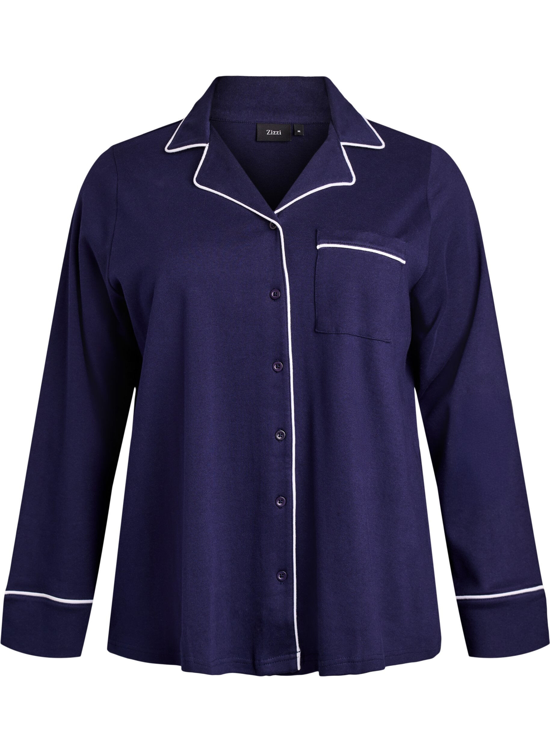 ZizziKatoenen pyjamashirt met borstzak, Blauw, Packshot image number 0