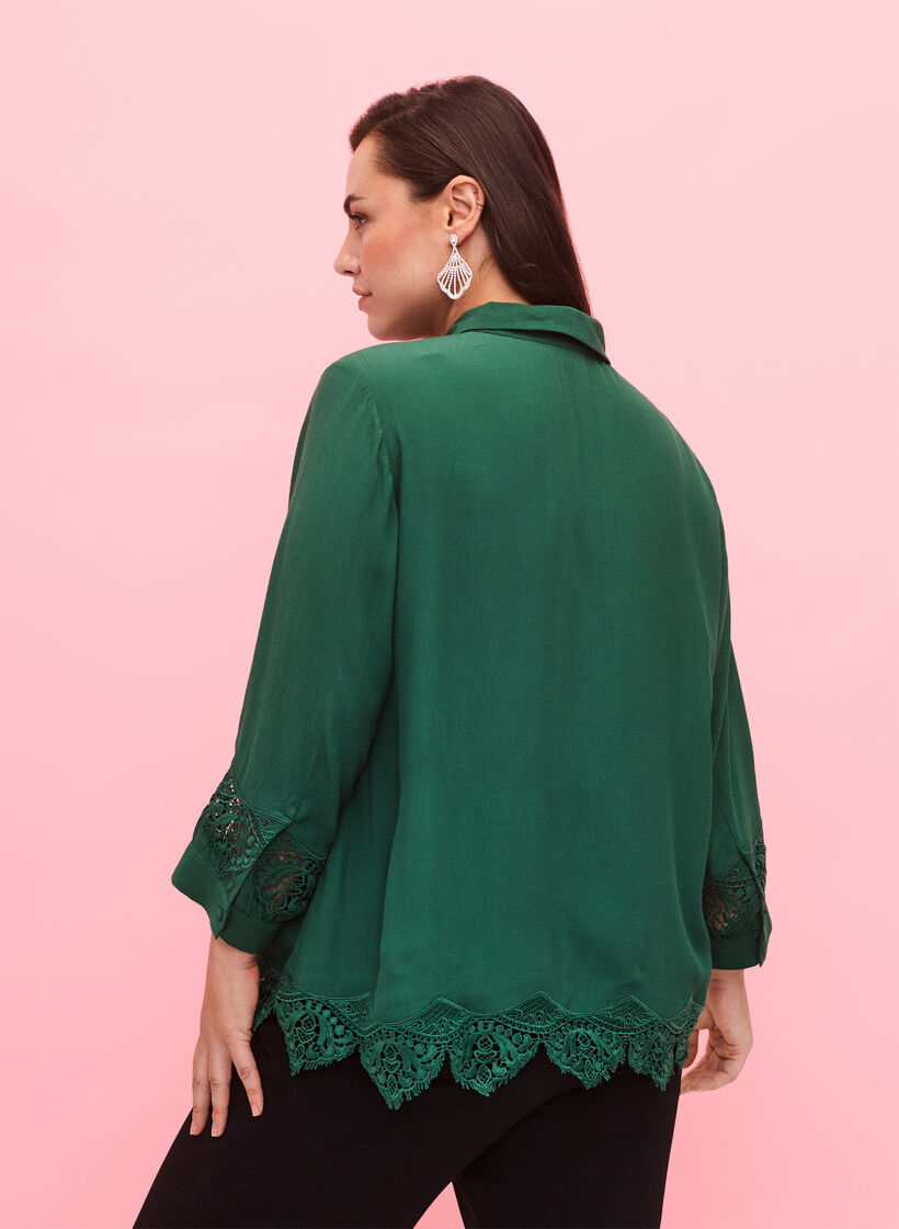 Viscose shirt met 3/4 mouwen en borduurdetails, Hunter Green, Model image number 1