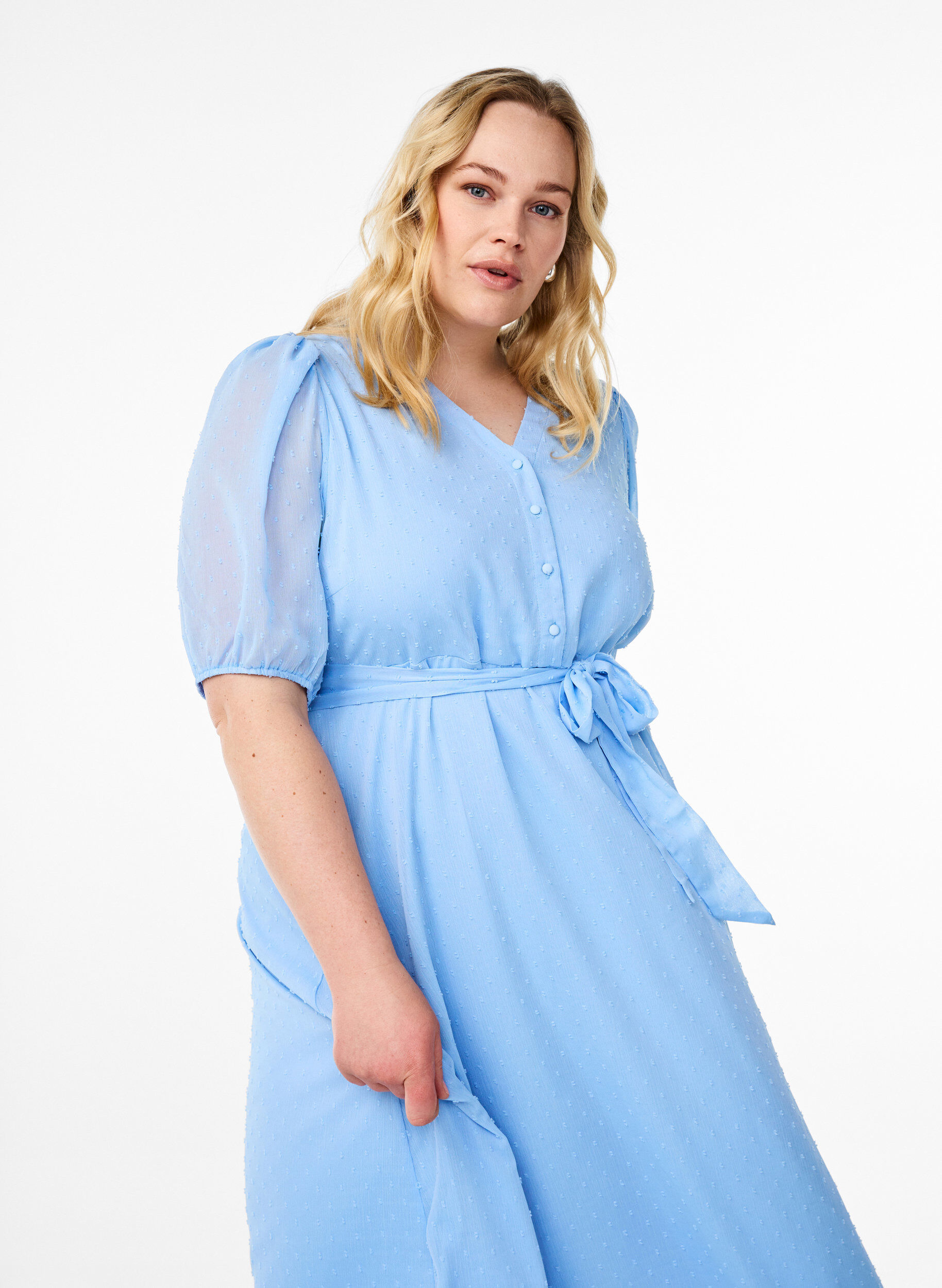 ZizziMidi jurk met V-hals en striksluiting, Blauw, Image image number 0