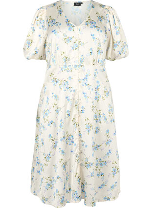 Satijnen jurk met pofmouwen en bloemenprint, Off White Blue Fl., Packshot image number 0