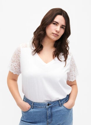 T-shirt en coton à manches courtes en dentelle, Bright White, Model image number 0