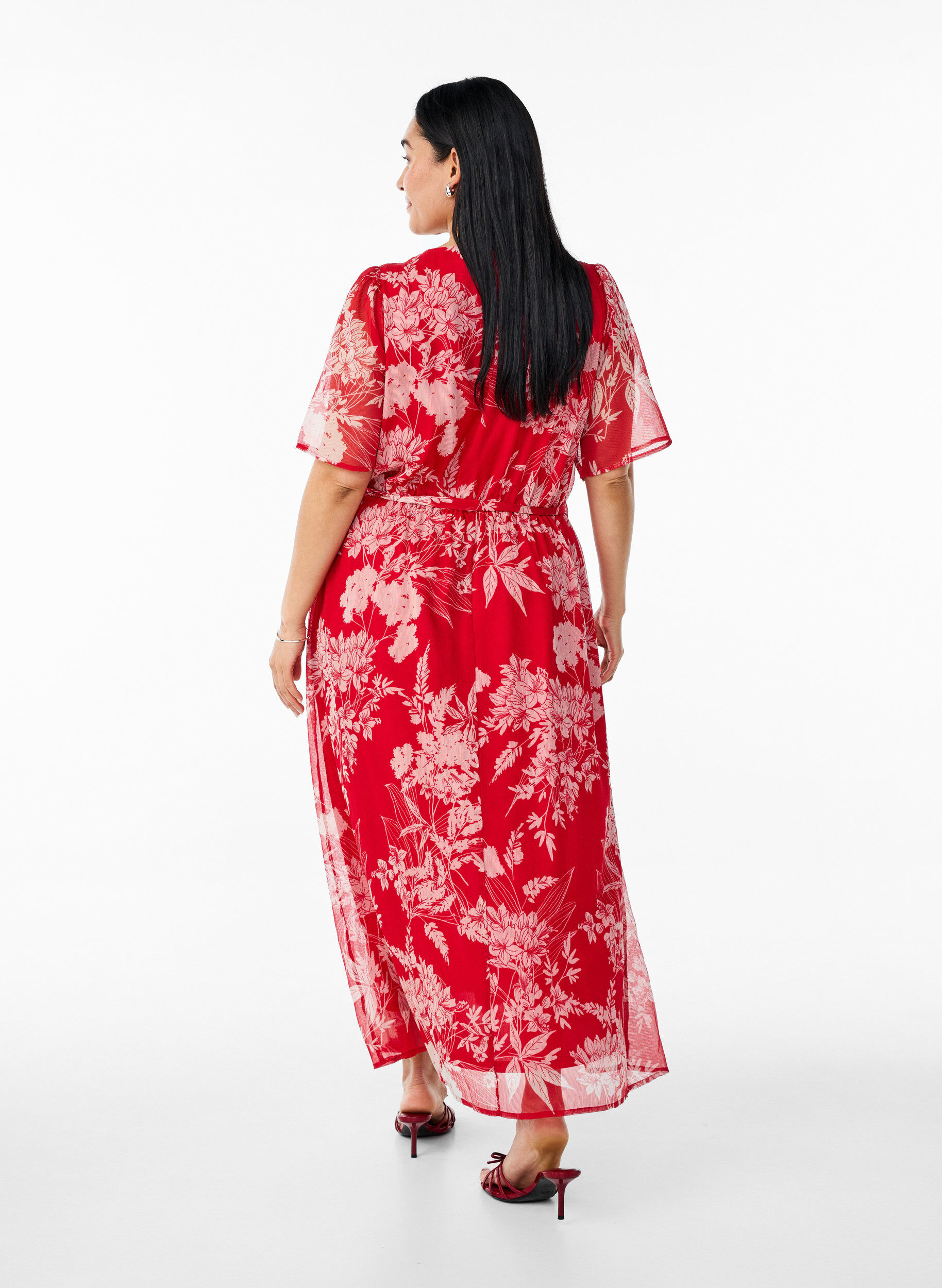 ZizziLange chiffon jurk met bloemenprint, Red Flower AOP, Model image number 1