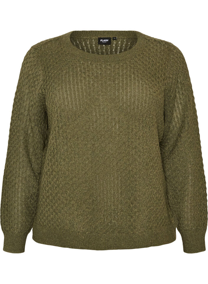 Gebreide blouse met een opengewerkt structuurpatroon, Groen, Packshot image number 0