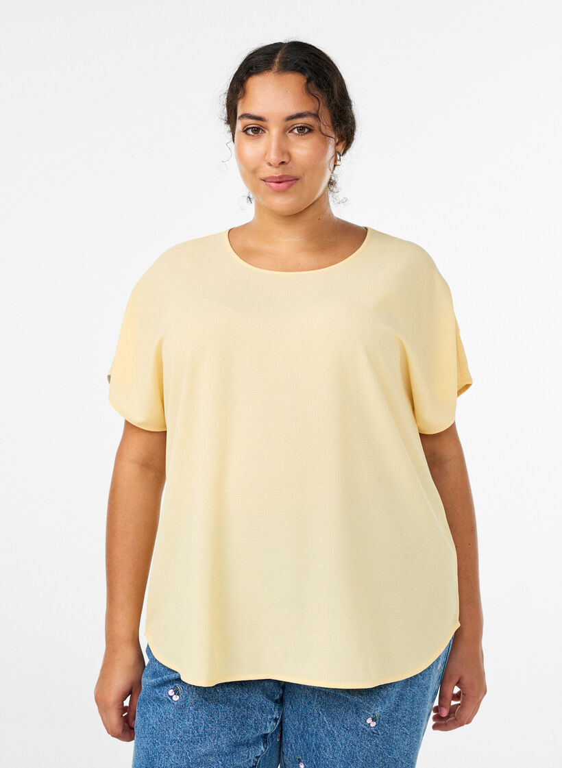 Blouse &agrave; manches courtes et encolure ronde, Jaune clair, Model image number 0