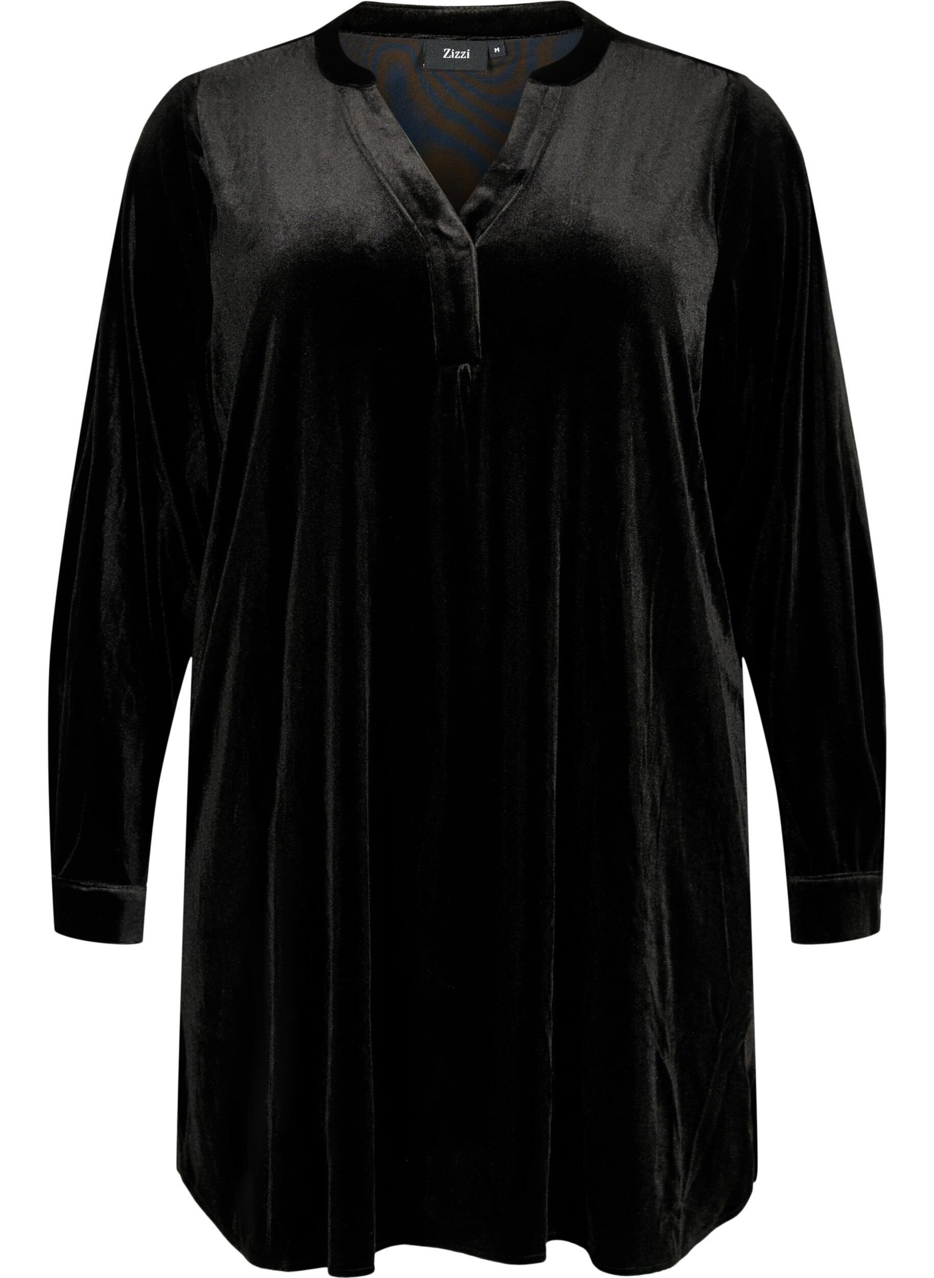 Zizzi Velour jurk met lange mouwen en V-hals, Black, Packshot image number 0