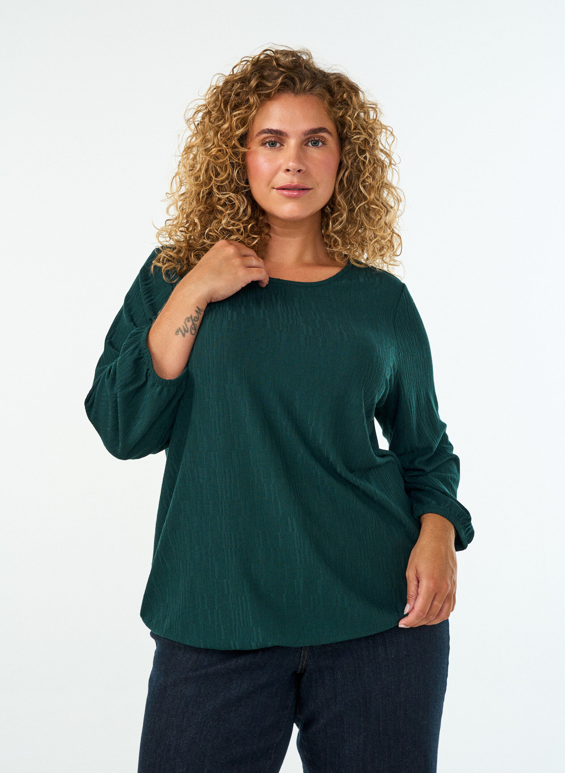 Blouse met textuur en 3/4 mouwen, Groen, Model
