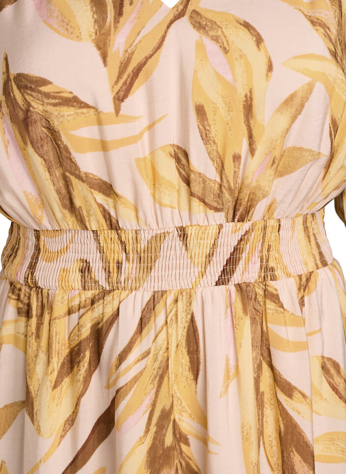 Viscose midijurk met bladprint en gesmokte taille, Geel, Packshot image number 2