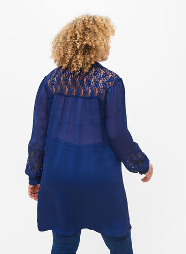 Lang overhemd met kanten details, Evening Blue, Model image number 1