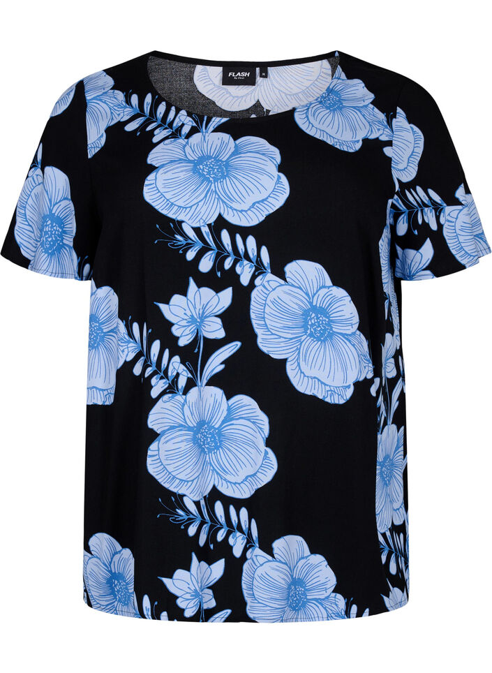 FLASH - Viscose blouse met korte mouwen en print, Zwart, Packshot image number 0
