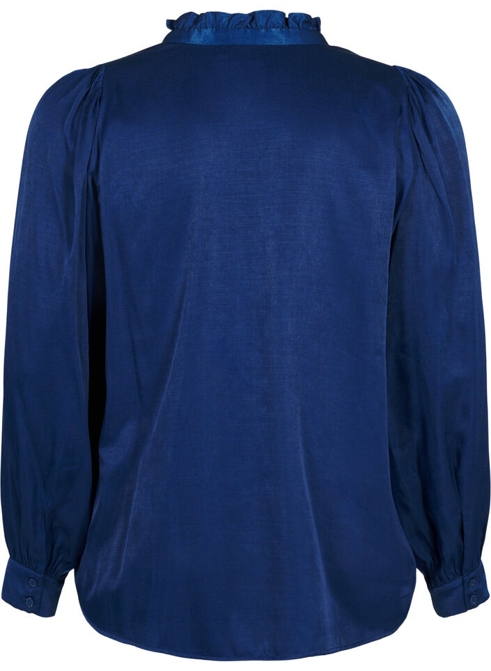 Blouse met lange mouwen, ruches en V-hals, Estate Blue, Packshot image number 1
