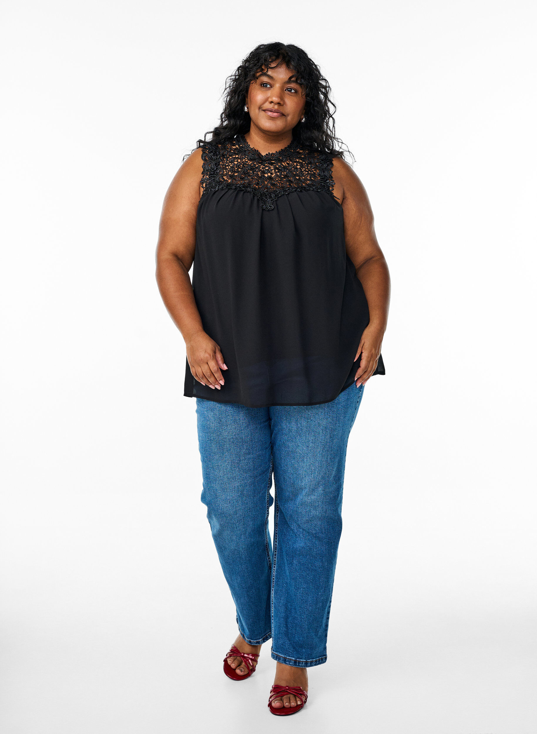 ZizziMouwloos feesttopje met haakwerk, Zwart, Model image number 1