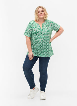 T-shirt en coton à fleurs avec col en V, Jolly Green AOP, Model image number 2