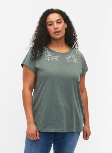 T-shirt en coton avec imprimé feuilles, Balsam Green Leaf, Model image number 0
