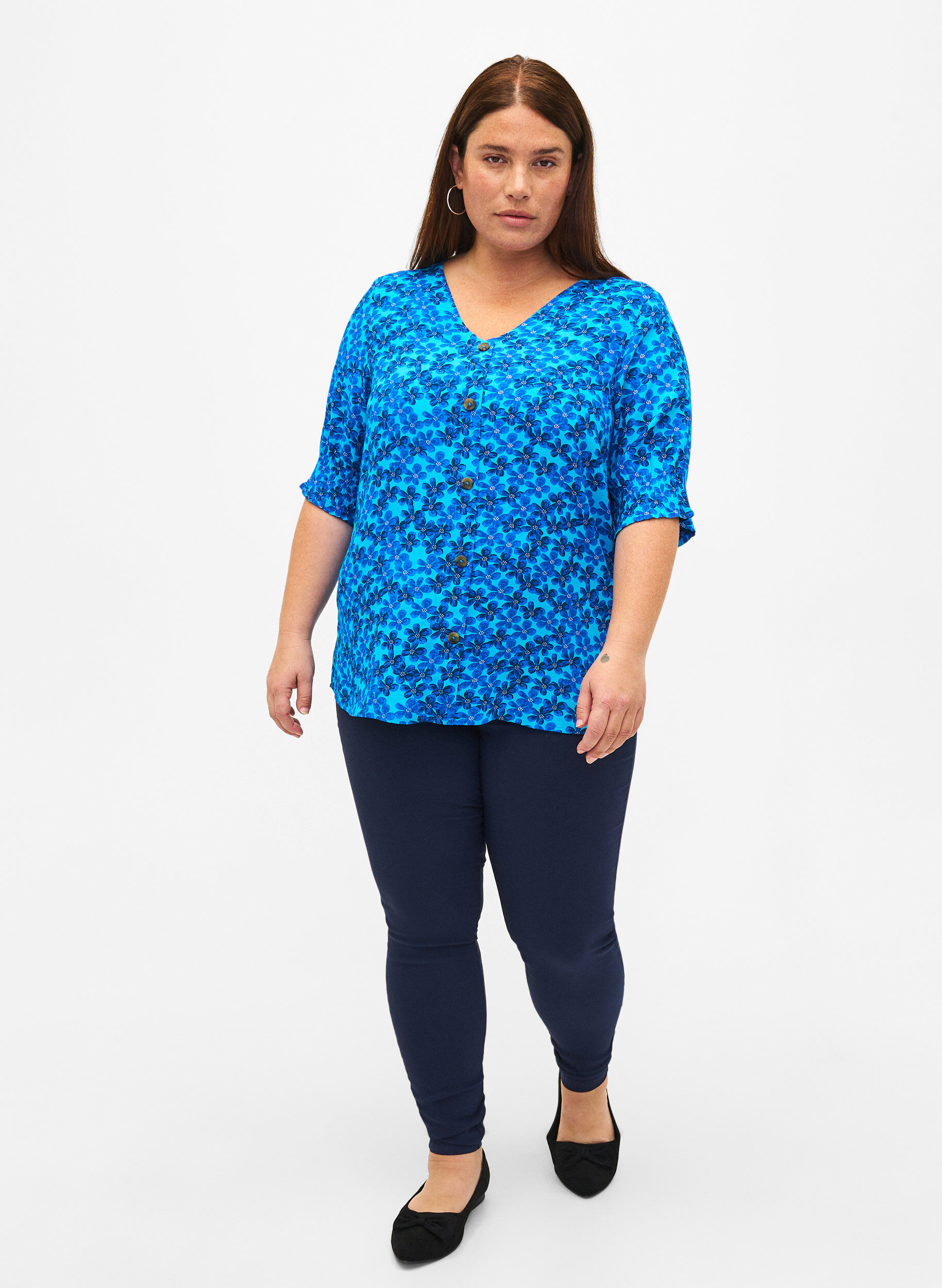 ZizziViscose blouse met knopen, Blue Small Flower, Model image number 2