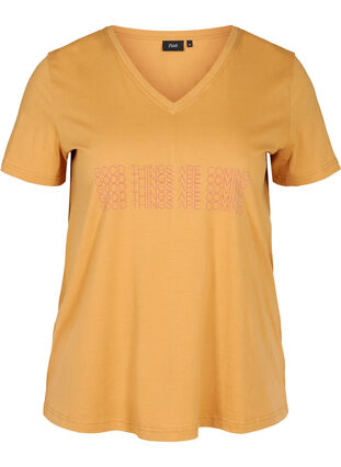 Katoenen t-shirt met v-hals en print op de voorkant, Apple Cinnamon, Packshot image number 0