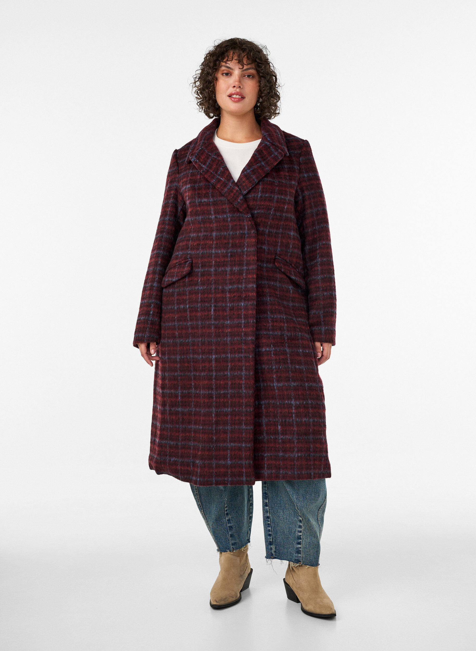 Manteau &agrave; carreaux avec poches, Bordeaux, Model