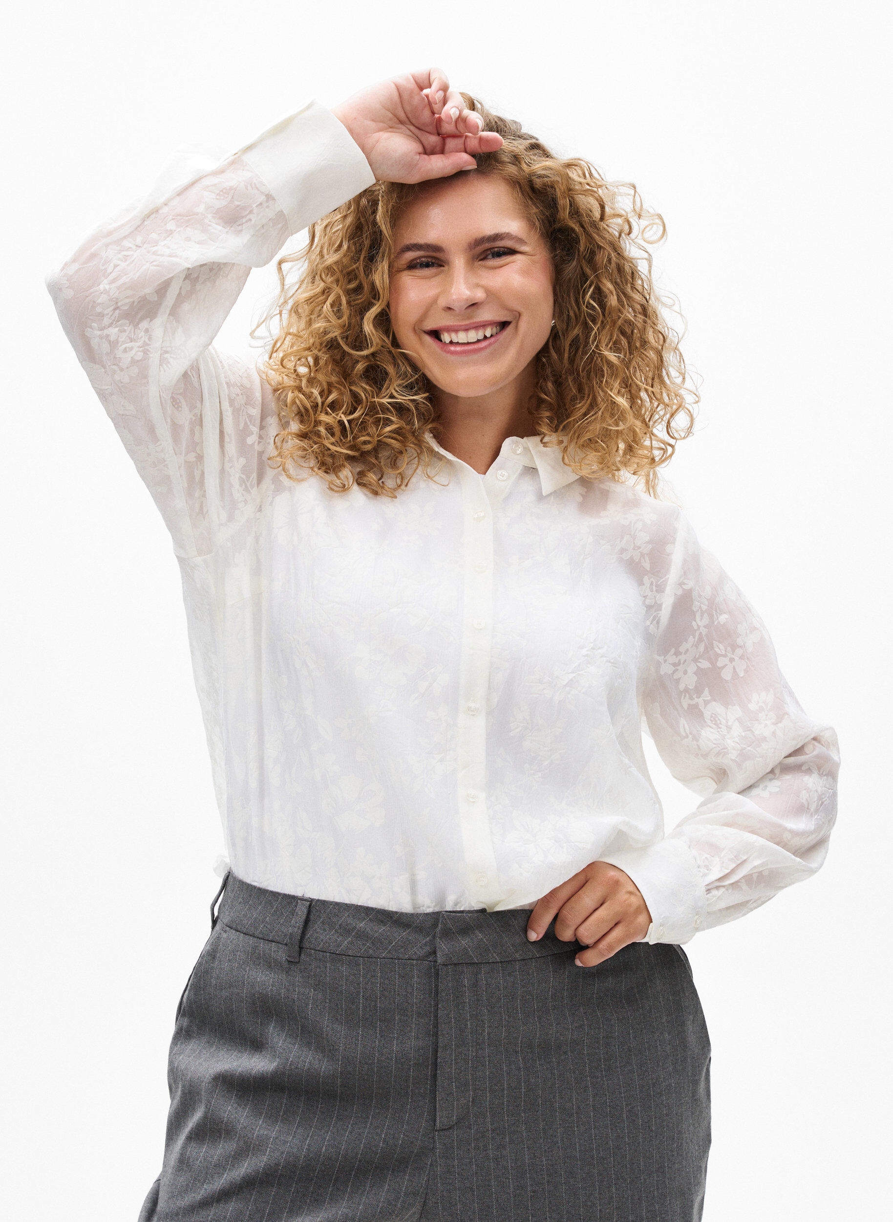 Shirt met ton sur ton patroon, Vanille, Model