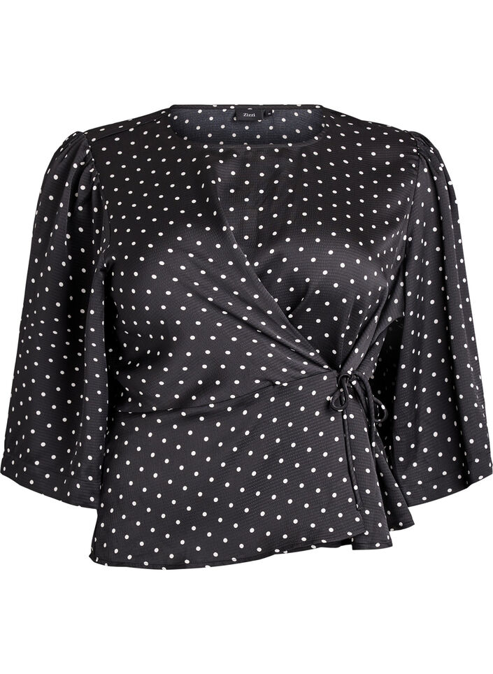 Blouse met stippen, striksluiting en 3/4-mouwen, Zwart, Packshot image number 0