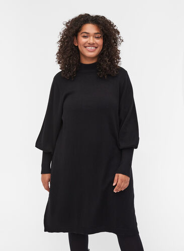 Robe en tricot à col rond et manches longues, Black, Model image number 0